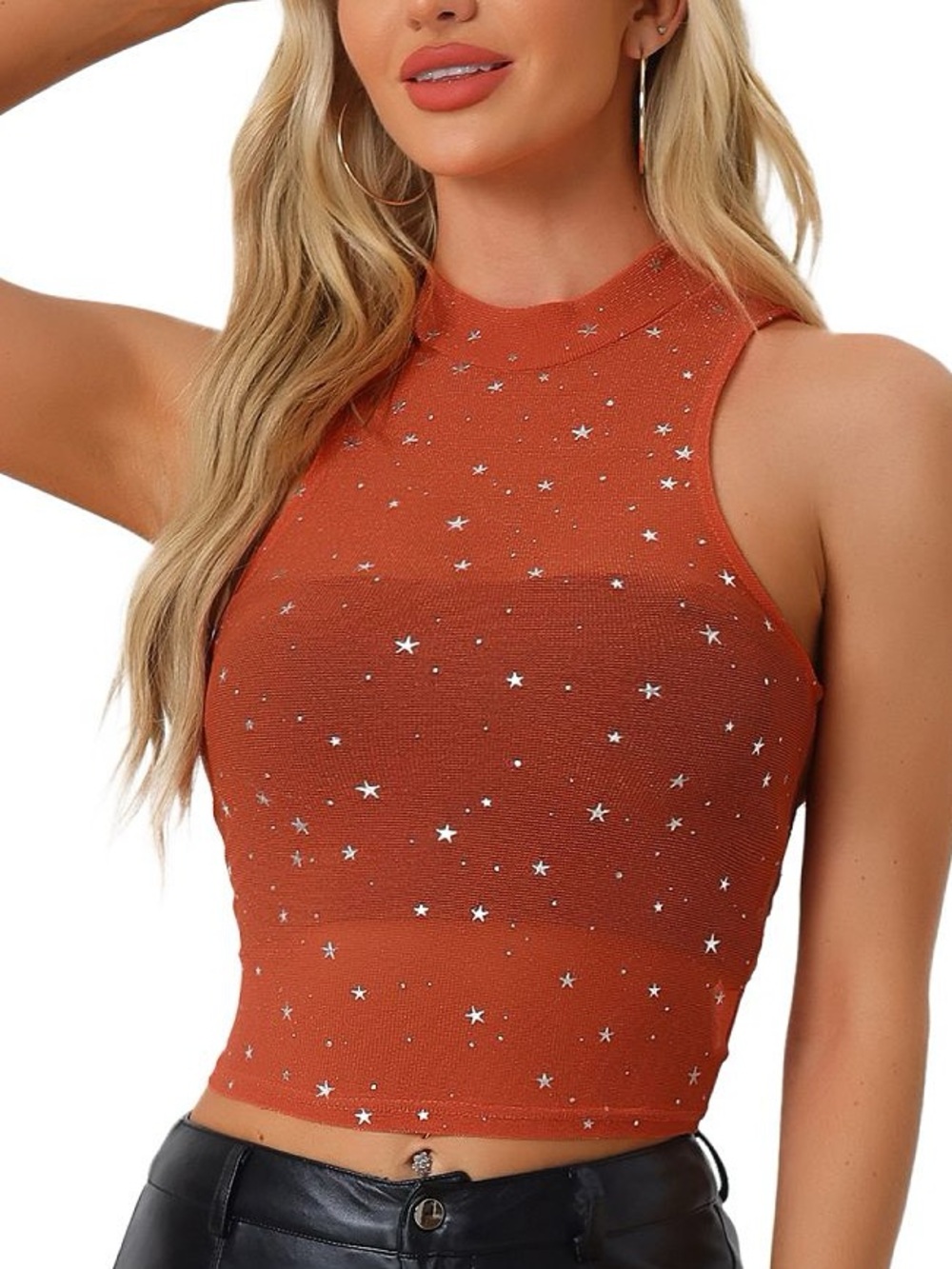 Allegra K Rust High-Neck Star Embellished Crop Top